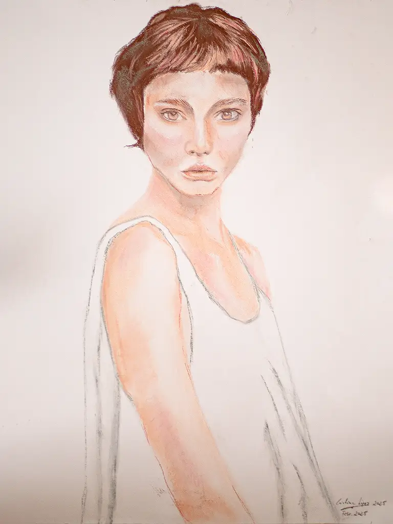 Chica de pelo corto obra de arte a pastel.