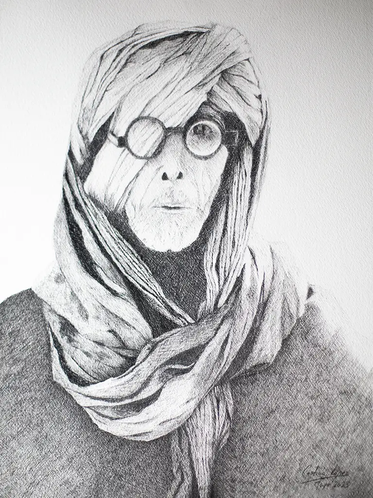 Dibujo en blanco y negro de un hombre mayor con gafas y turbante.